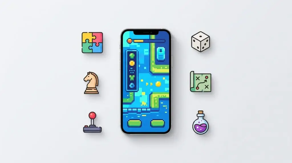 En smartphone visar ett färgglatt pixelkonstspel. Runt omkring finns ikoner: en pusselbit, en tärning, en schackspringer, en joystick, en strategikarta och en flaska med trolldryck, allt mot en vit bakgrund.