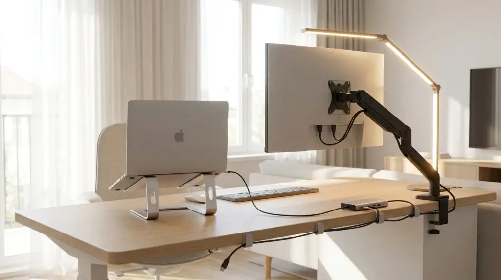 En minimalistisk arbetsplats med en bärbar dator på ett stativ, en extern skärm på en justerbar arm, ett tangentbord, en mus och en skrivbordslampa – allt på ett träbord nära ett solbelyst fönster.