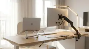 En minimalistisk arbetsplats med en bärbar dator på ett stativ, en extern skärm på en justerbar arm, ett tangentbord, en mus och en skrivbordslampa – allt på ett träbord nära ett solbelyst fönster.