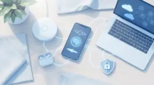 En smartphone, en bärbar dator och trådlösa hörlurar står på ett skrivbord tillsammans med en växt. På telefonen syns digitala ikoner. Ljusblå linjer förbinder enheterna och symboliserar trådlös kommunikation och datasäkerhet.
