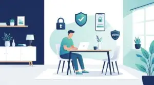 En person arbetar på en bärbar dator vid ett bord i ett ljust rum, där det på väggen hänger ikoner för cybersäkerhet – såsom ett lås, ett sköld och ett VPN – och där växter pryder rummet.
