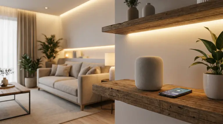 Ett modernt vardagsrum med beige möbler, trähyllor, krukväxter och en smart högtalare bredvid en smartphone på en hylla. Den varma belysningen skapar en mysig och inbjudande stämning.