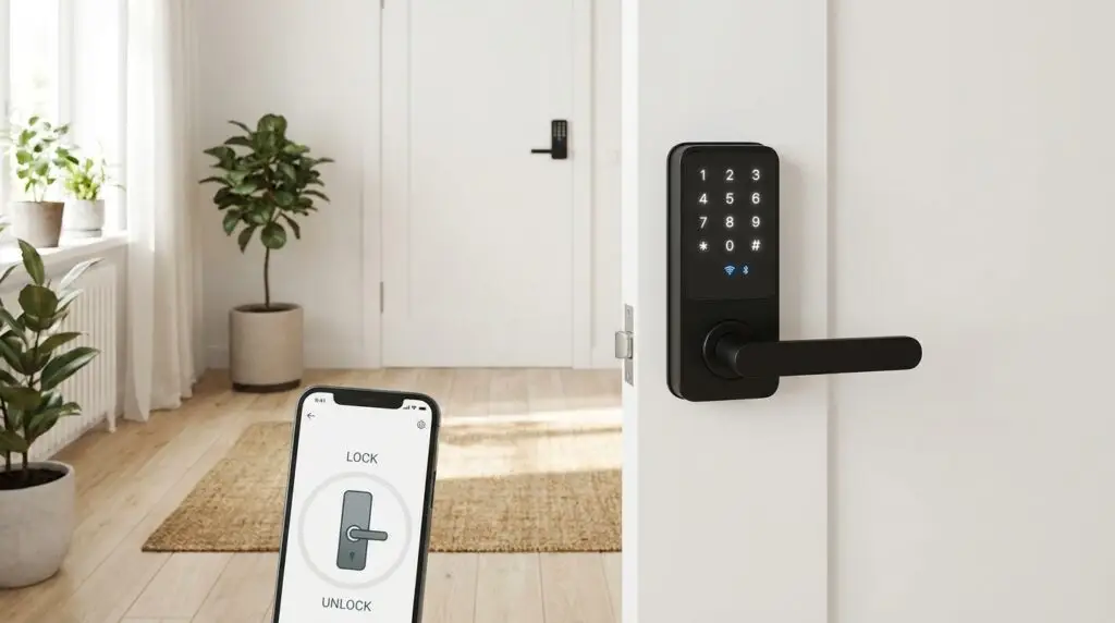 Ett smart dörrlås med knappsats är monterat på en vit dörr. I förgrunden syns en smartphone där skärmen i en app för låsning och upplåsning visas. I ett ljust, modernt rum syns en växt och möbler.
