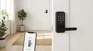 Ett smart dörrlås med knappsats är monterat på en vit dörr. I förgrunden syns en smartphone där skärmen i en app för låsning och upplåsning visas. I ett ljust, modernt rum syns en växt och möbler.
