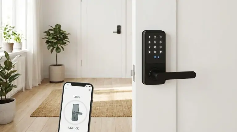 Ett smart dörrlås med knappsats är monterat på en vit dörr. I förgrunden syns en smartphone där skärmen i en app för låsning och upplåsning visas. I ett ljust, modernt rum syns en växt och möbler.