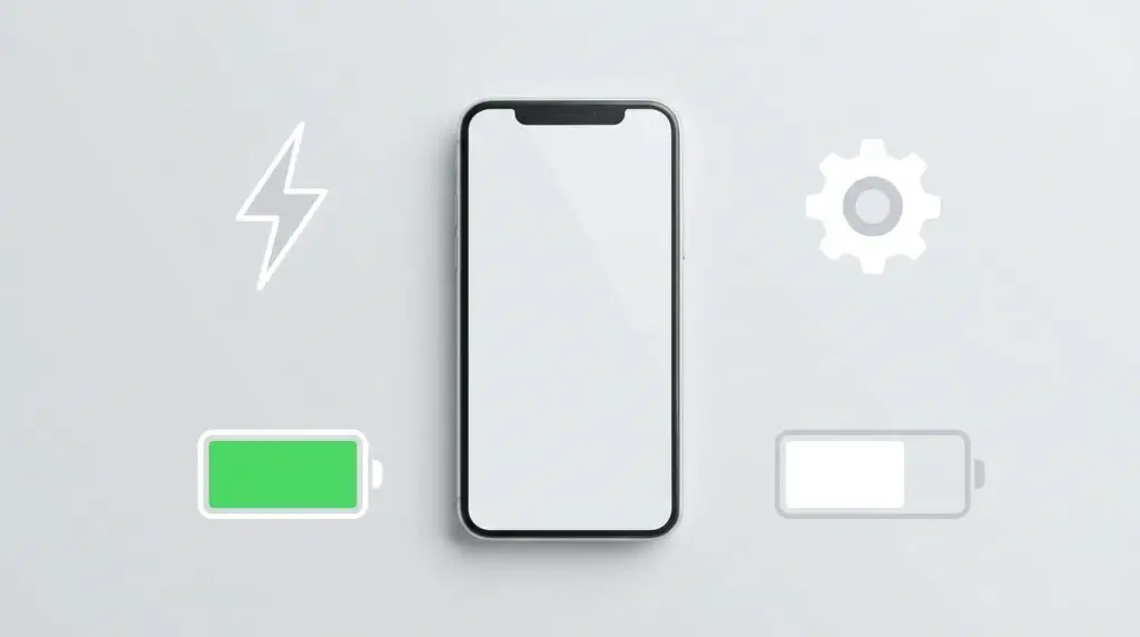 En smartphone är placerad mitt på en ljus bakgrund, med ikoner runt omkring: en blixt, ett kugghjul, ett fulladdat grönt batteri och ett tomt grått batteri.