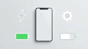 En smartphone är placerad mitt på en ljus bakgrund, med ikoner runt omkring: en blixt, ett kugghjul, ett fulladdat grönt batteri och ett tomt grått batteri.