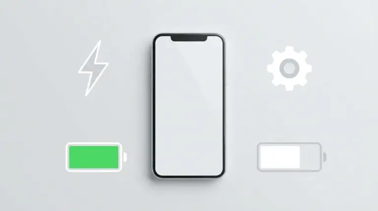En smartphone är placerad mitt på en ljus bakgrund, med ikoner runt omkring: en blixt, ett kugghjul, ett fulladdat grönt batteri och ett tomt grått batteri.